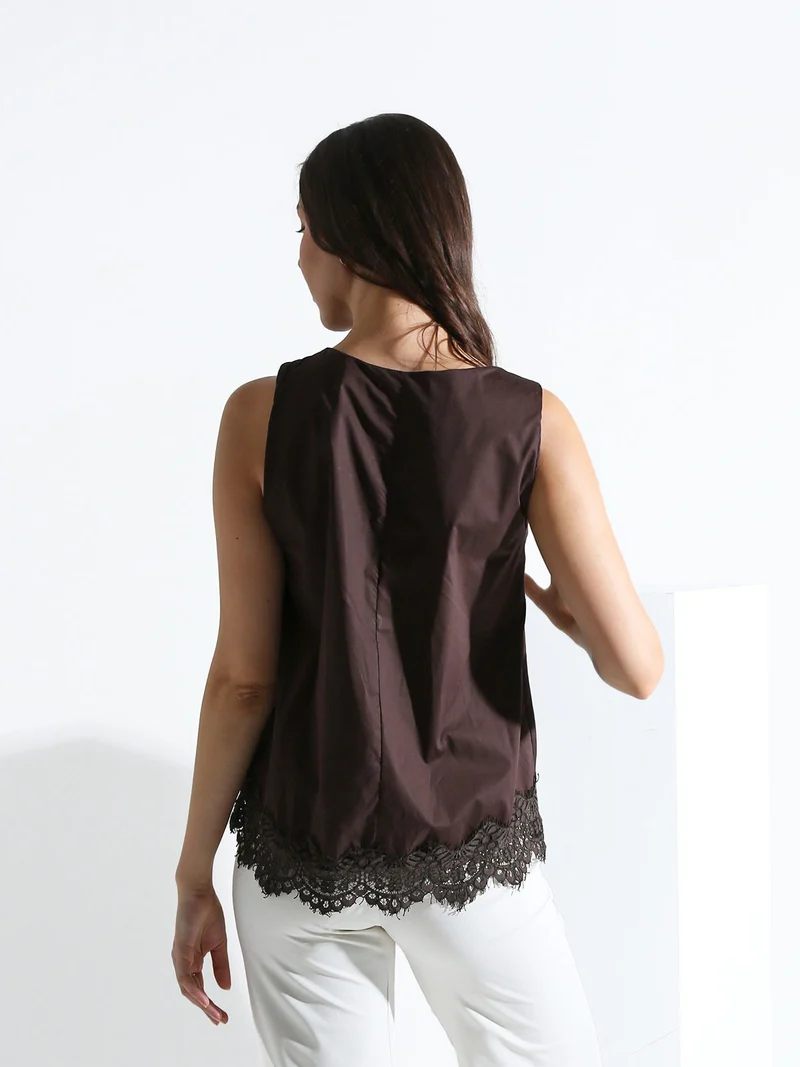 Top donna in cotone con pizzo sul finale - moro