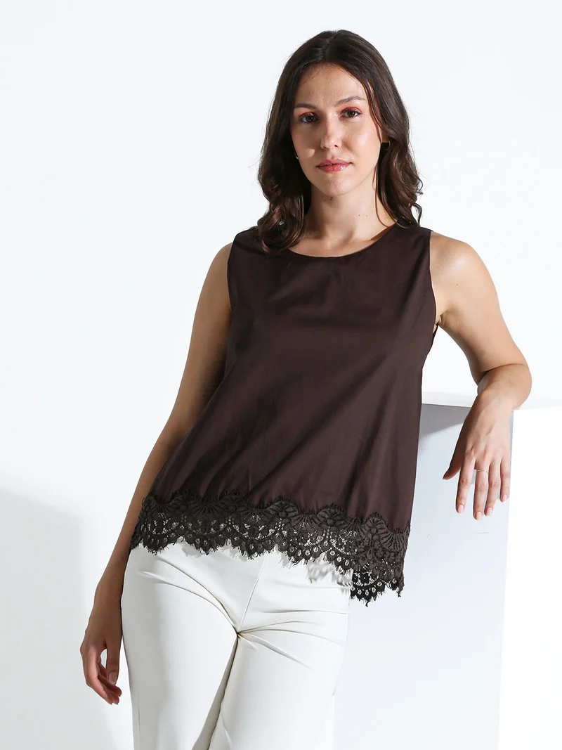 Top donna in cotone con pizzo sul finale - moro