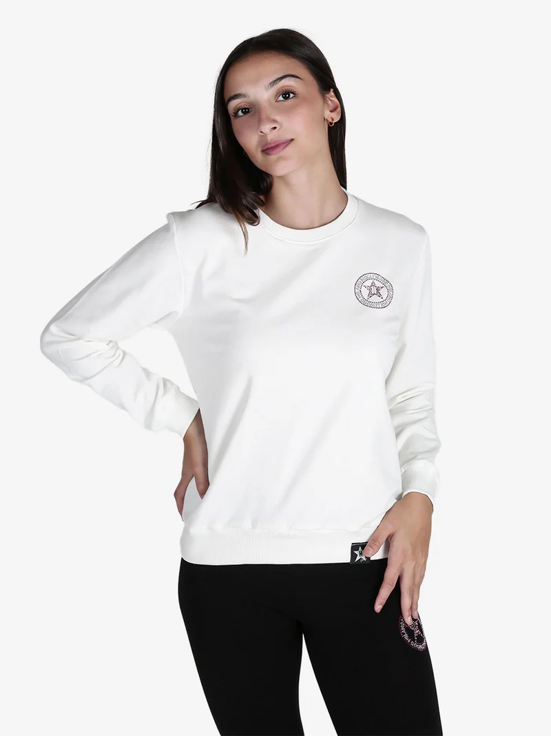 Felpa girocollo da donna sportiva con strass - bianco