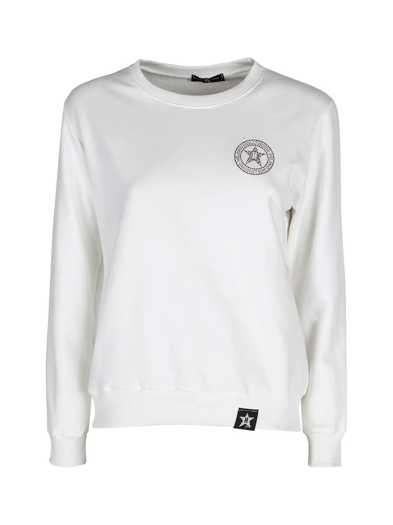 Felpa girocollo da donna sportiva con strass - bianco