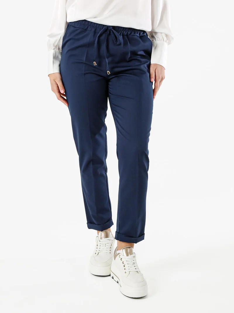 Pantaloni donna casual con elastico in vita e risvolto sul finale - blu scuro