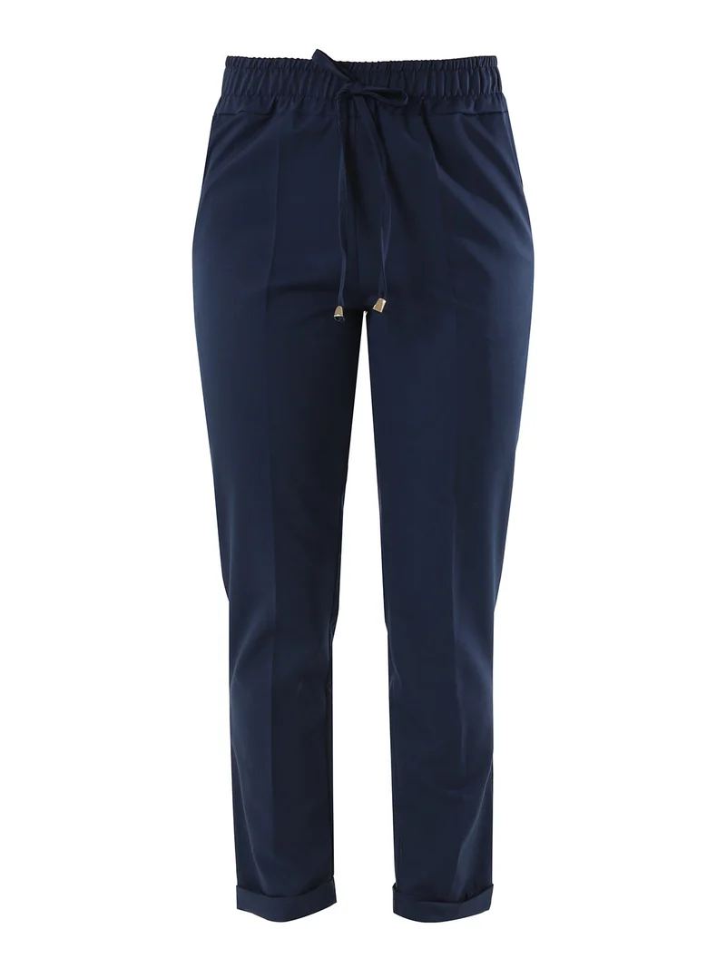 Pantaloni donna casual con elastico in vita e risvolto sul finale - blu scuro
