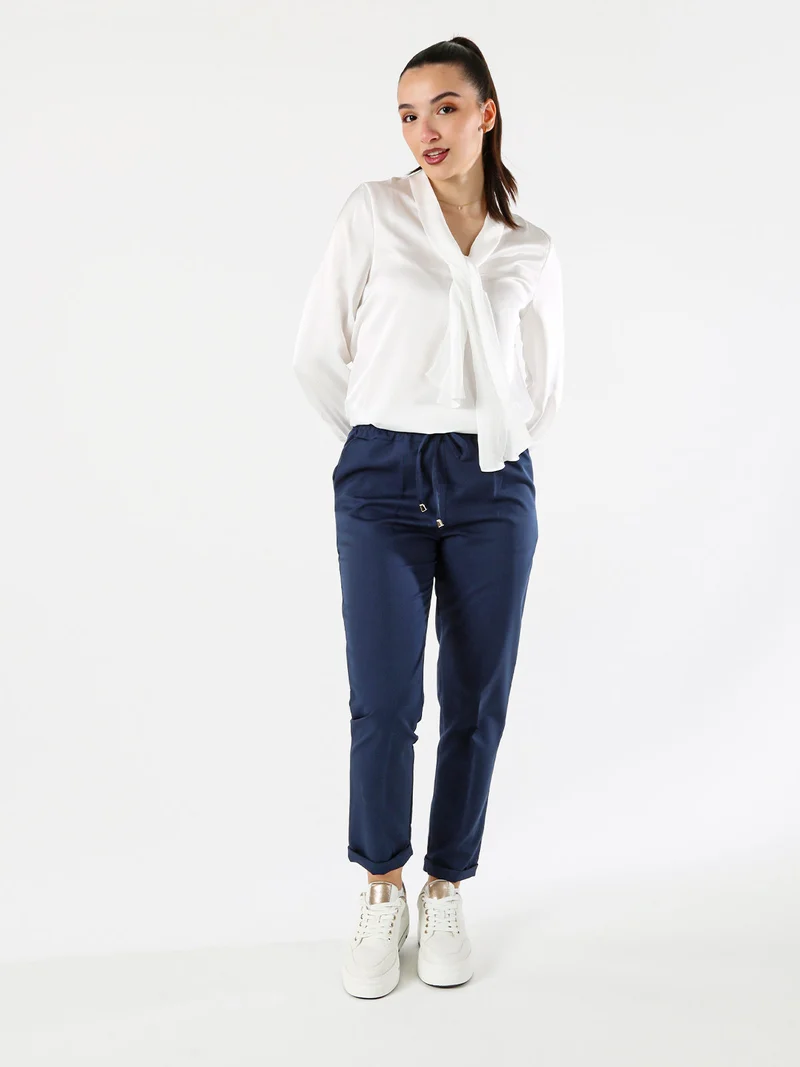 Pantaloni donna casual con elastico in vita e risvolto sul finale - blu scuro
