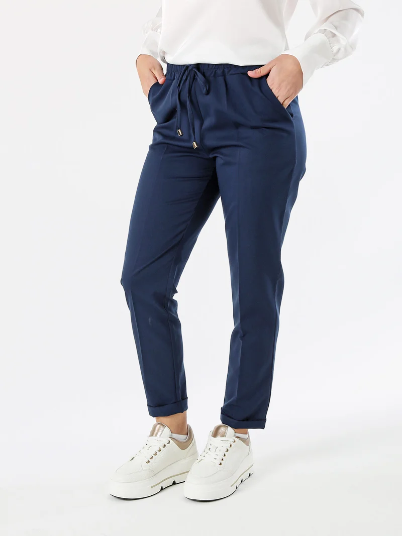Pantaloni donna casual con elastico in vita e risvolto sul finale - blu scuro