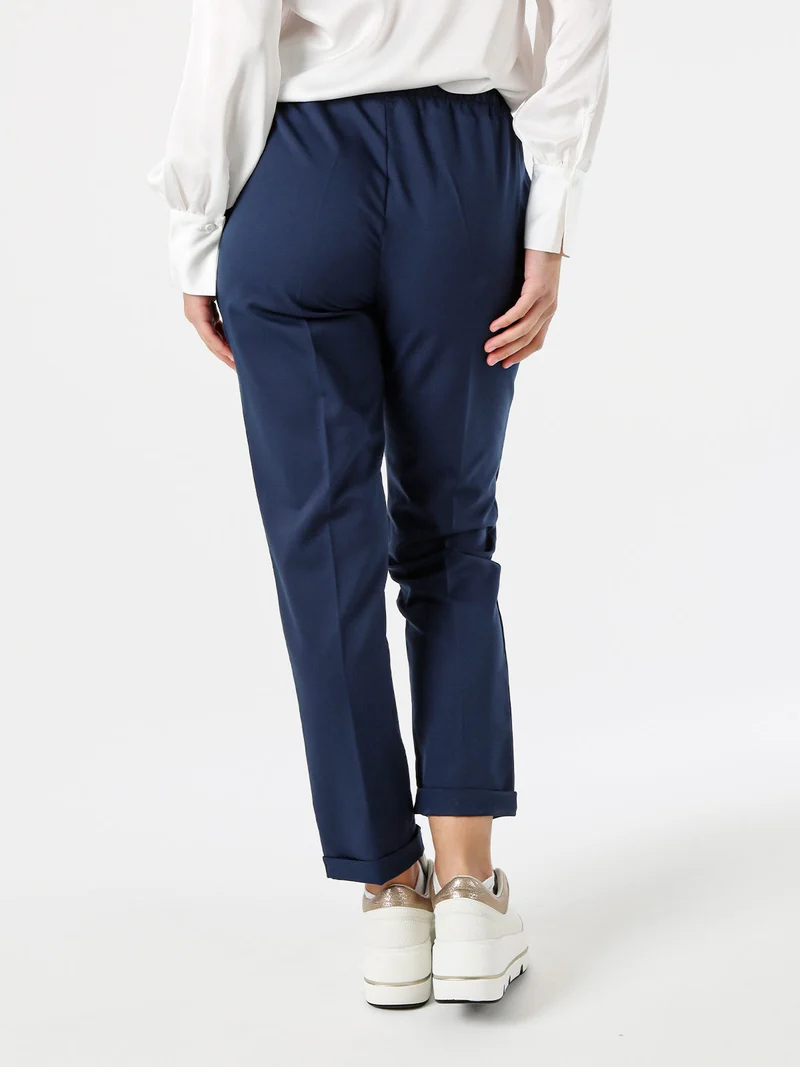 Pantaloni donna casual con elastico in vita e risvolto sul finale - blu scuro