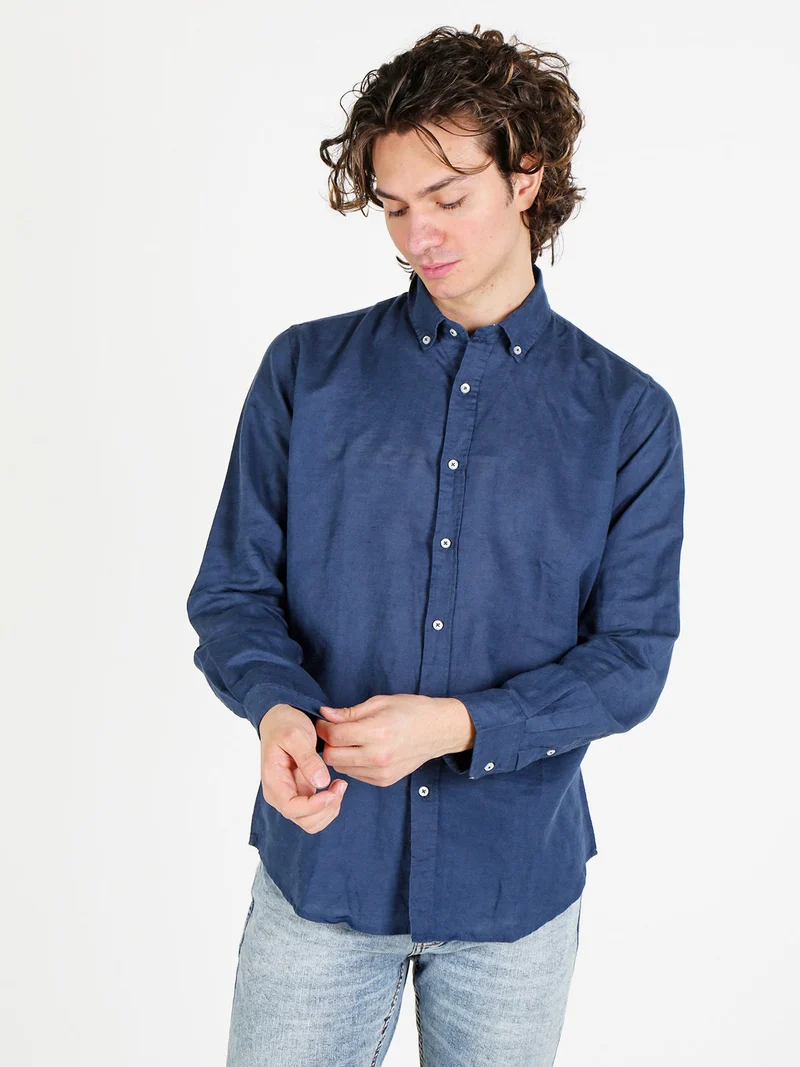 Camicia da uomo in misto lino a maniche lunghe - blu scuro
