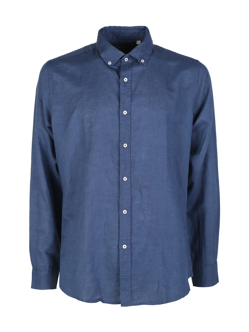 Camicia da uomo in misto lino a maniche lunghe - blu scuro