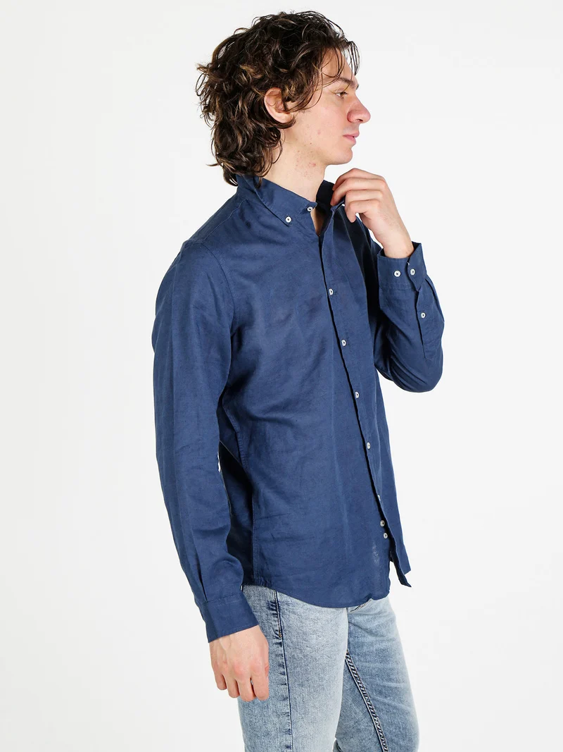 Camicia da uomo in misto lino a maniche lunghe - blu scuro