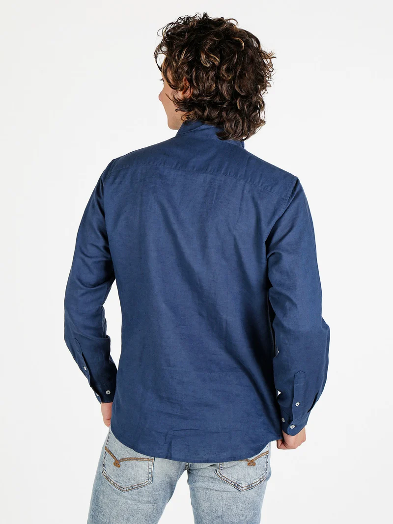 Camicia da uomo in misto lino a maniche lunghe - blu scuro