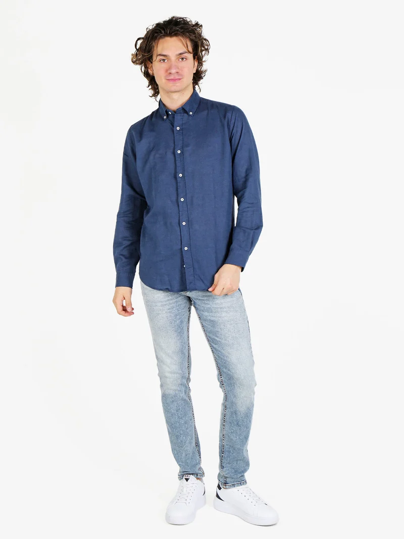 Camicia da uomo in misto lino a maniche lunghe - blu scuro