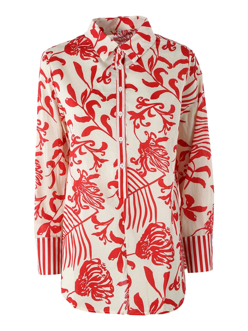 Camicia da donna in cotone a maniche lunghe con stampa floreale - rosso