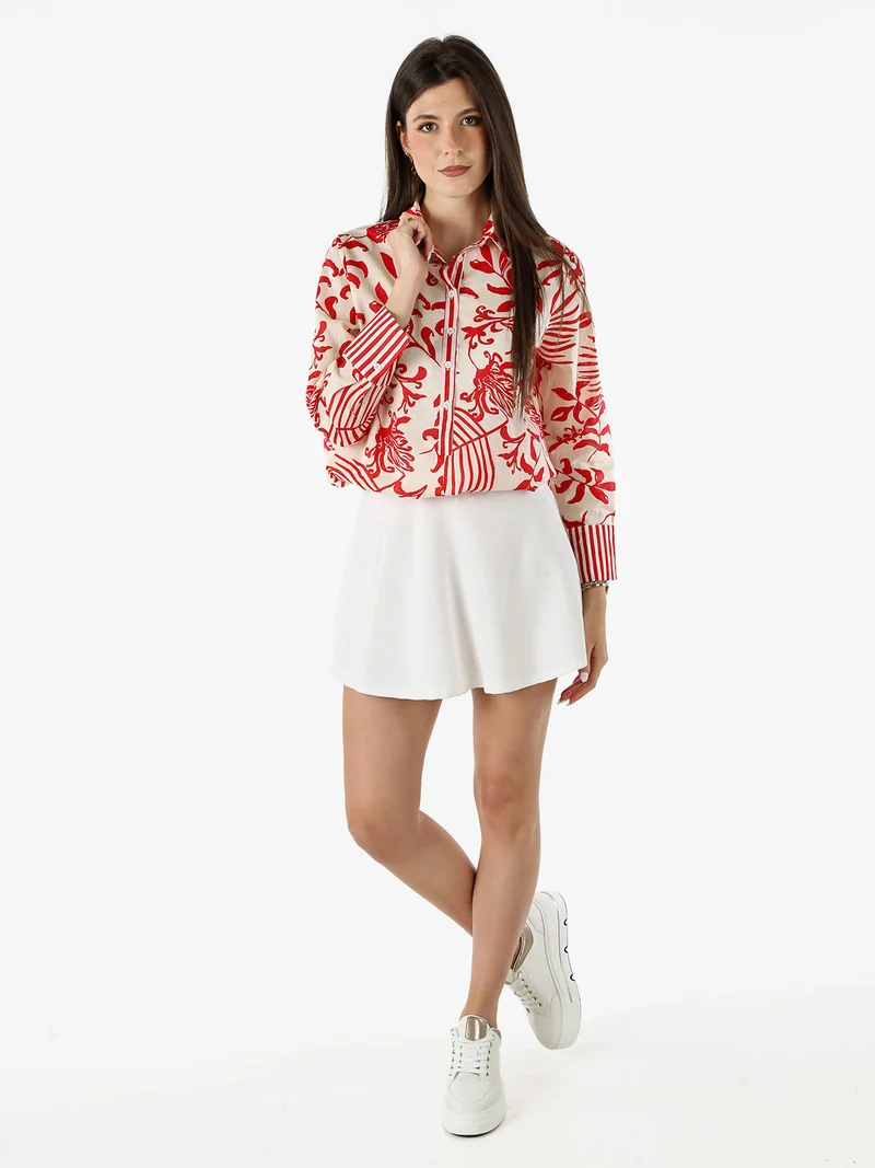 Camicia da donna in cotone a maniche lunghe con stampa floreale - rosso