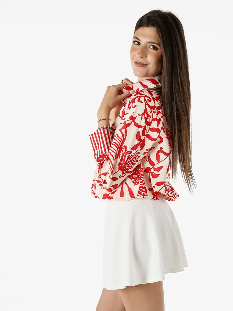 Camicia da donna in cotone a maniche lunghe con stampa floreale - rosso