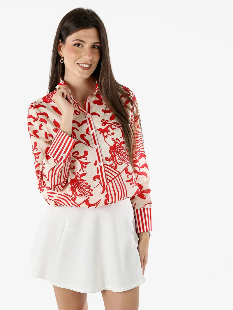 Camicia da donna in cotone a maniche lunghe con stampa floreale - rosso