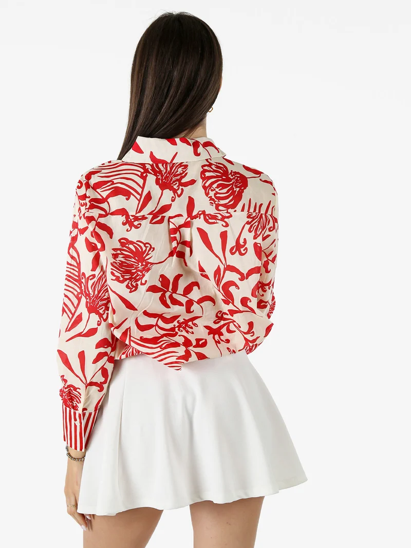 Camicia da donna in cotone a maniche lunghe con stampa floreale - rosso