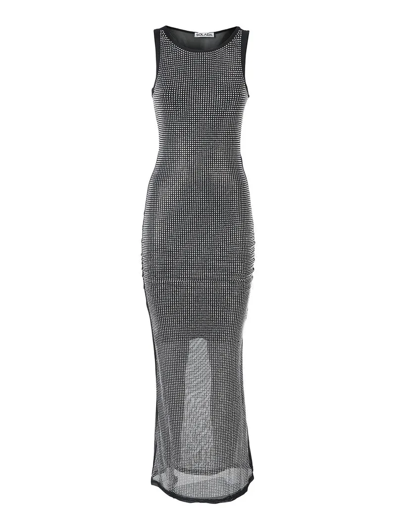 Abito lungo da donna senza maniche con micro borchie - argento