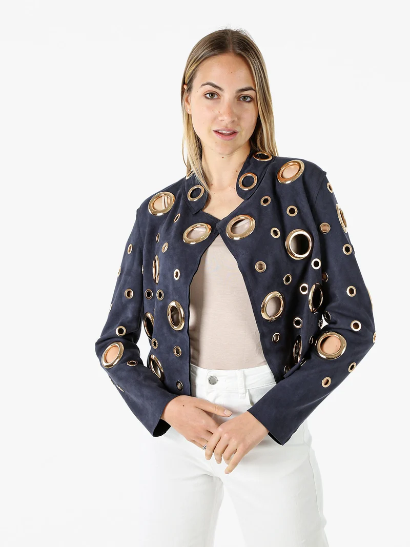 Giacca donna in tessuto scamosciato con anelli - blu scuro