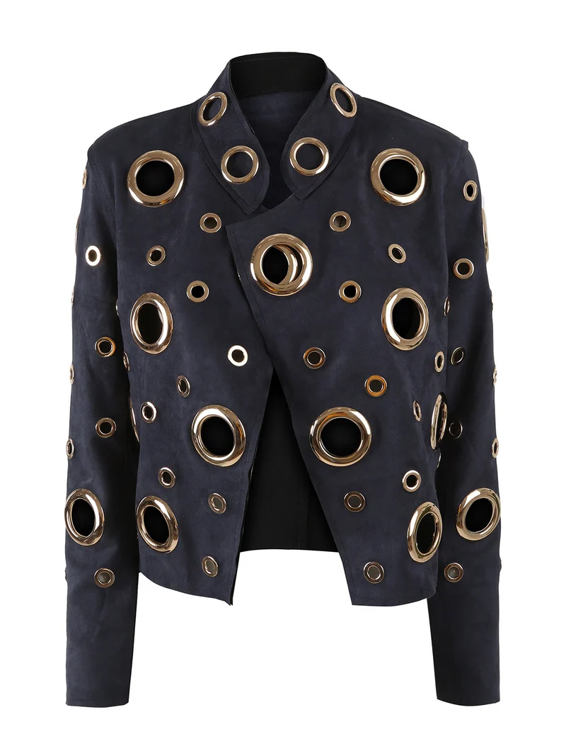 Giacca donna in tessuto scamosciato con anelli - blu scuro