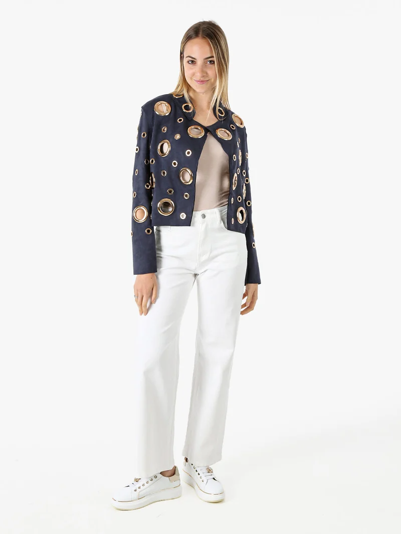 Giacca donna in tessuto scamosciato con anelli - blu scuro