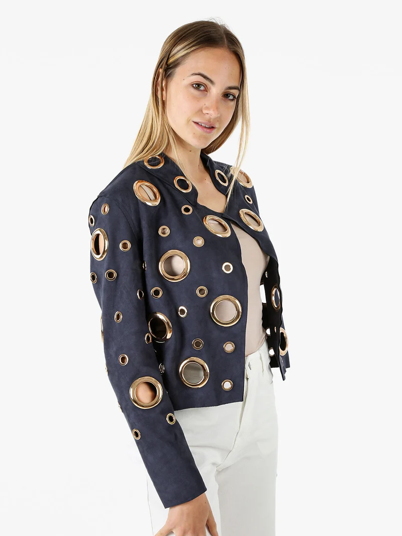 Giacca donna in tessuto scamosciato con anelli - blu scuro