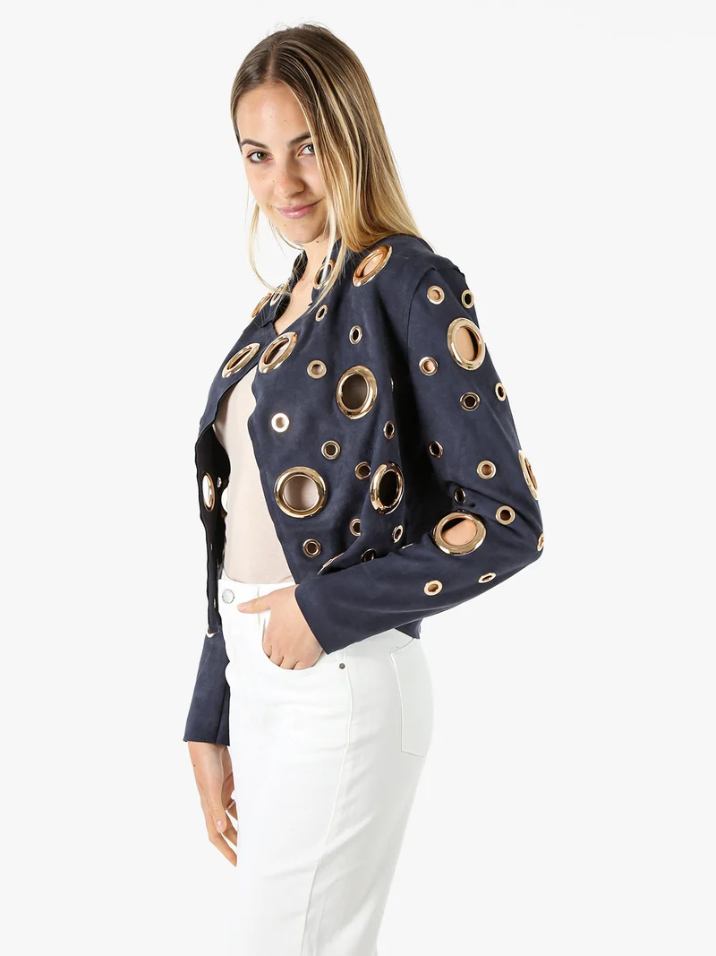 Giacca donna in tessuto scamosciato con anelli - blu scuro