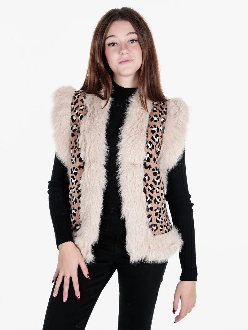 Gilet donna in maglia con bordi in ecopelliccia - cammello