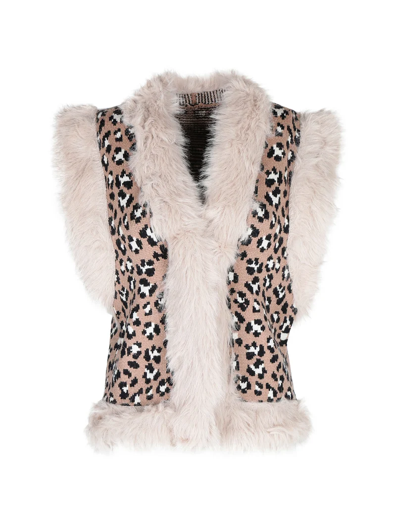 Gilet donna in maglia con bordi in ecopelliccia - cammello