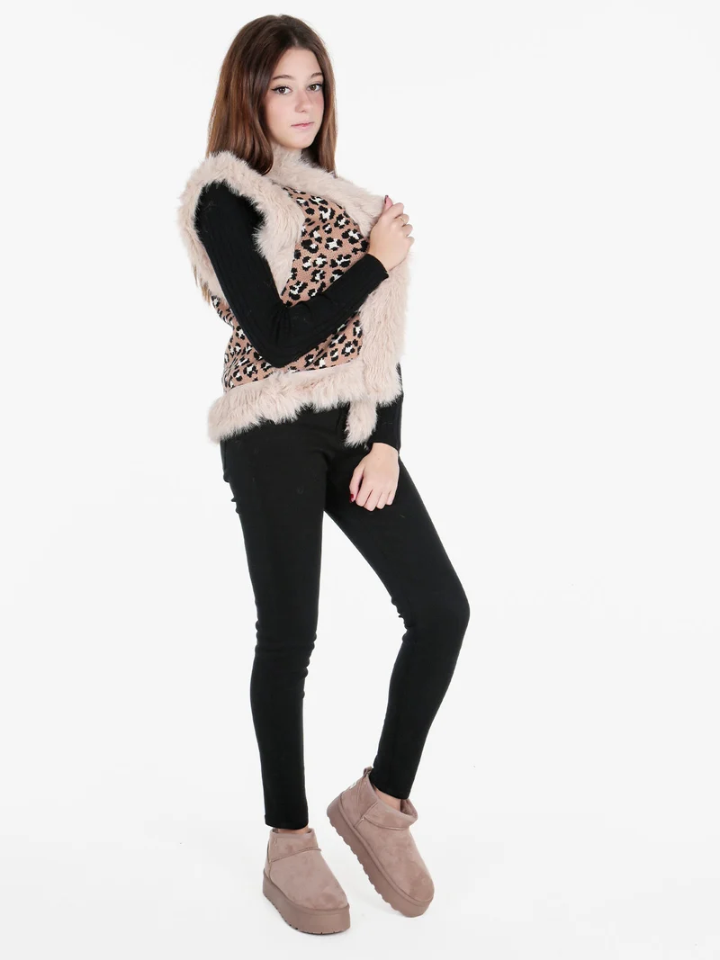 Gilet donna in maglia con bordi in ecopelliccia - cammello