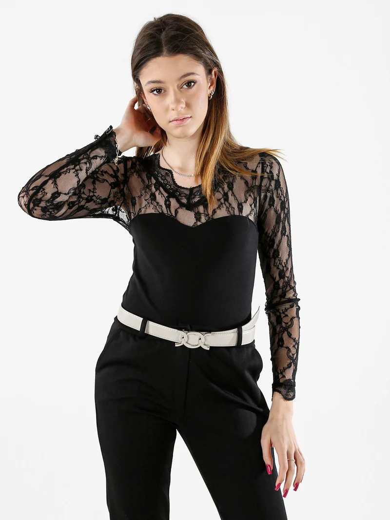 Top body donna a maniche lunghe con pizzo - nero