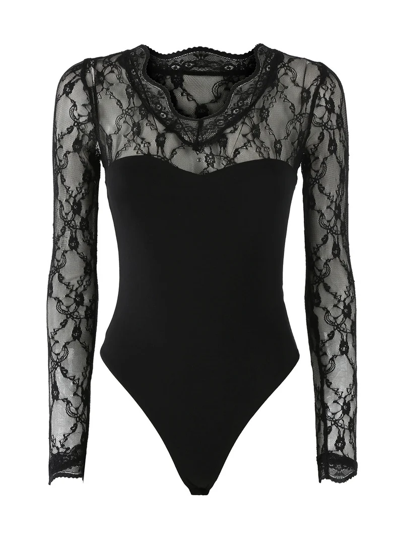 Top body donna a maniche lunghe con pizzo - nero