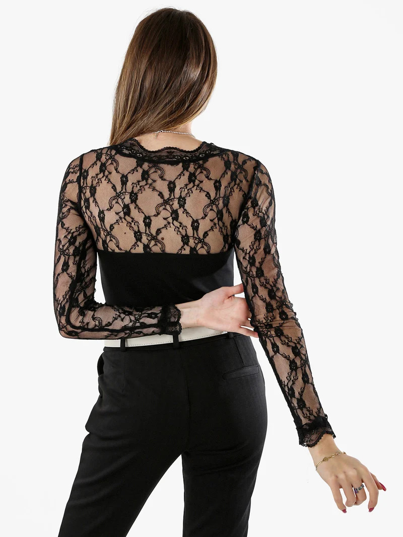 Top body donna a maniche lunghe con pizzo - nero