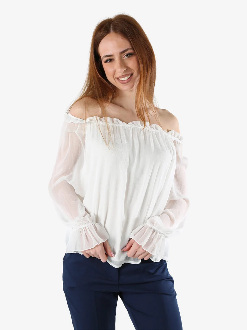 Blusa da donna a maniche lunghe velate con scollo a barchetta - bianco
