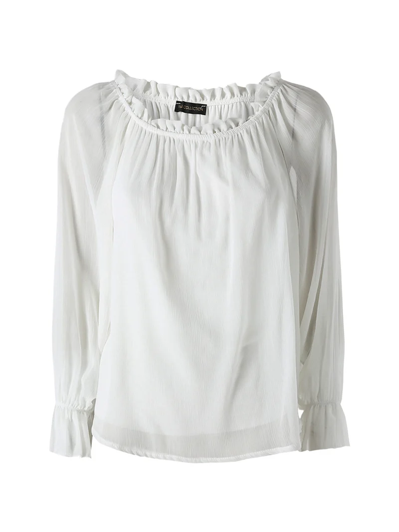 Blusa da donna a maniche lunghe velate con scollo a barchetta - bianco
