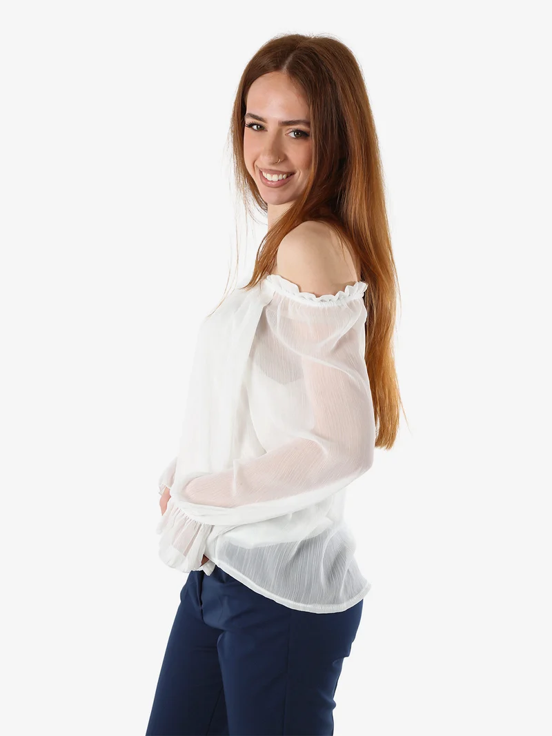 Blusa da donna a maniche lunghe velate con scollo a barchetta - bianco