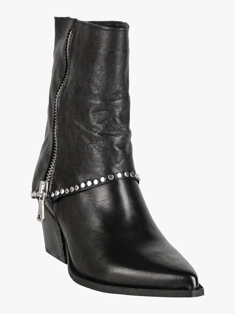 Stivaletti donna texani in pelle con borchie e zip - nero