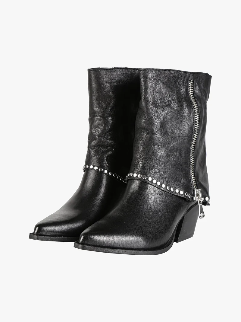 Stivaletti donna texani in pelle con borchie e zip - nero
