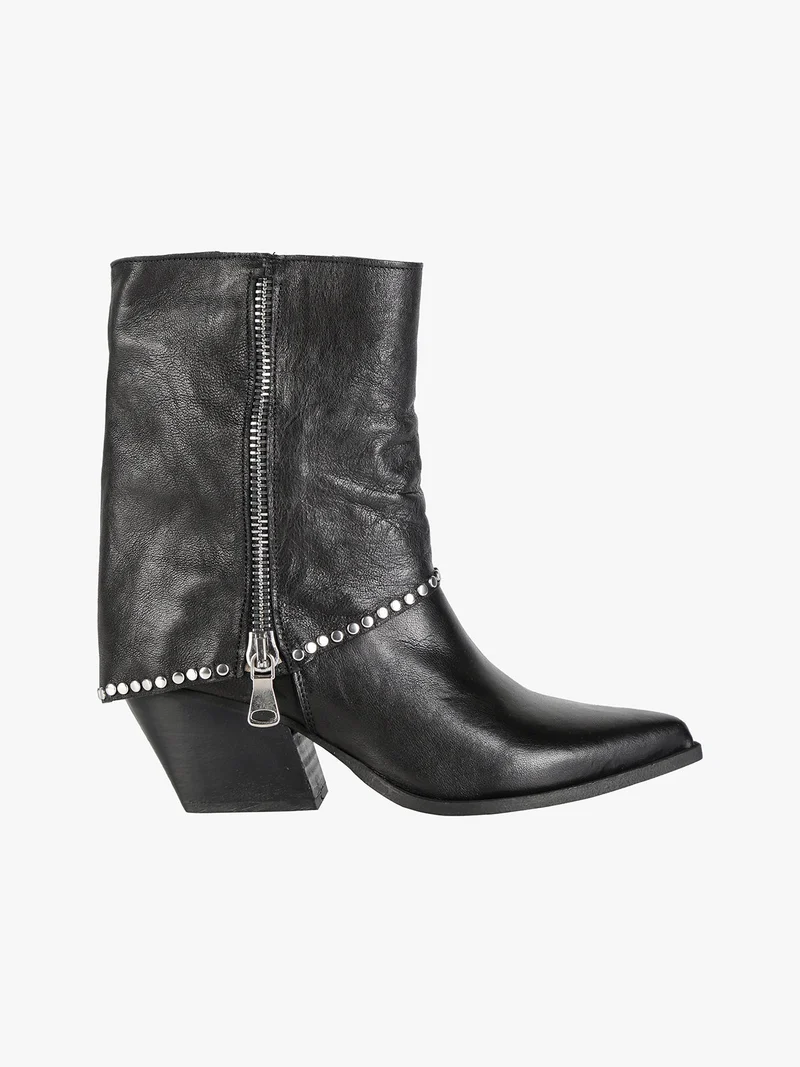Stivaletti donna texani in pelle con borchie e zip - nero