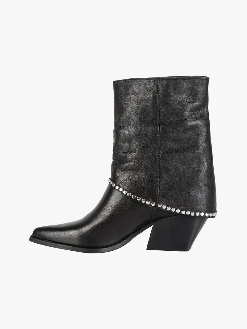 Stivaletti donna texani in pelle con borchie e zip - nero