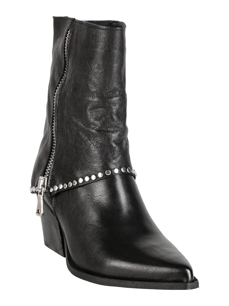 Stivaletti donna texani in pelle con borchie e zip - nero