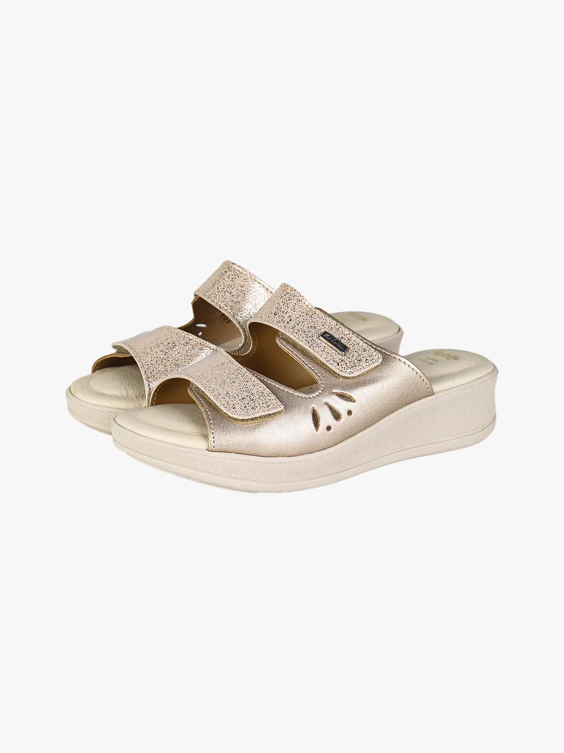 Ciabatte donna con zeppa e cinturini a strappo - platino