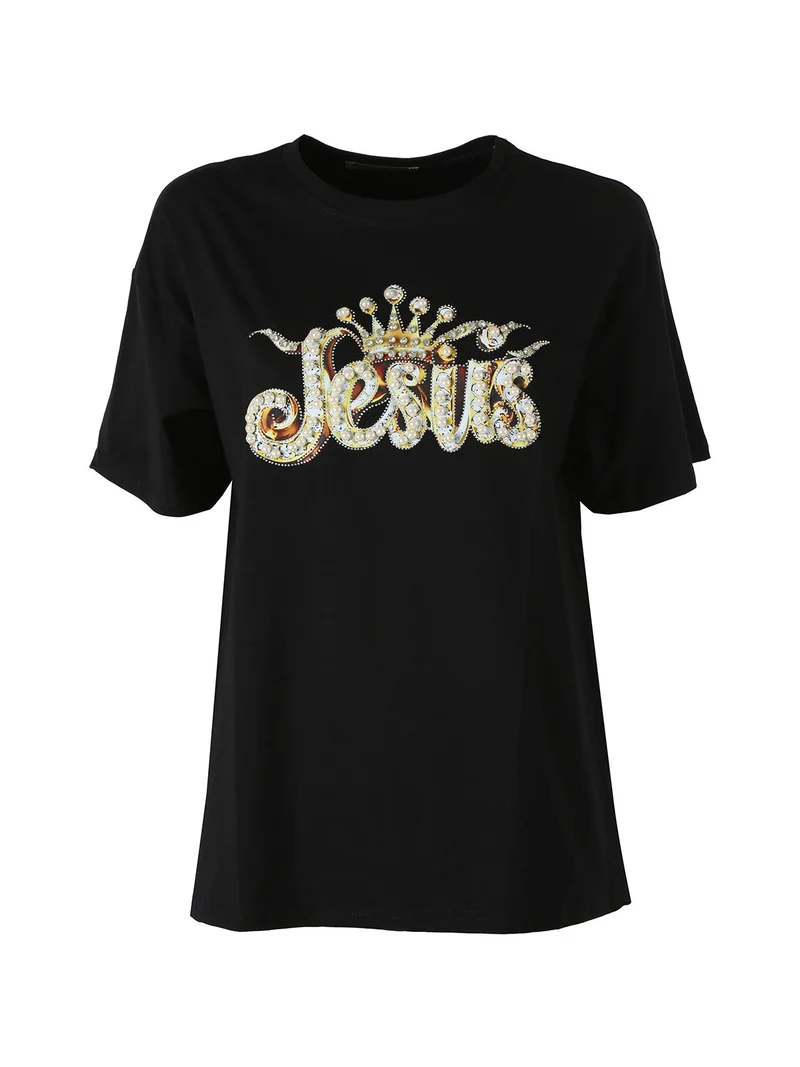 T-shirt donna oversize in cotone con dettagli di perle e strass - nero