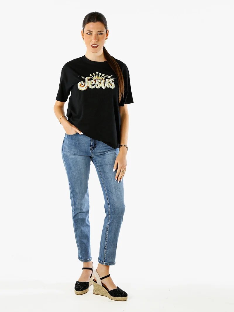 T-shirt donna oversize in cotone con dettagli di perle e strass - nero
