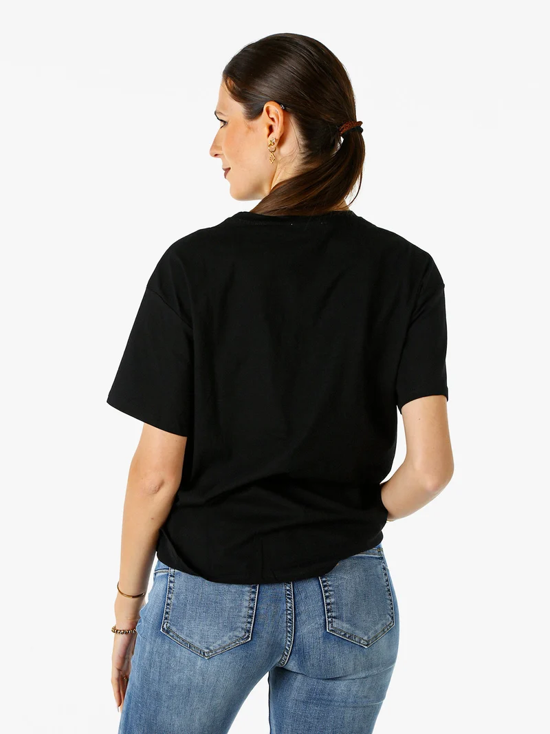T-shirt donna oversize in cotone con dettagli di perle e strass - nero