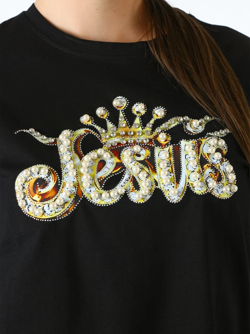 T-shirt donna oversize in cotone con dettagli di perle e strass - nero