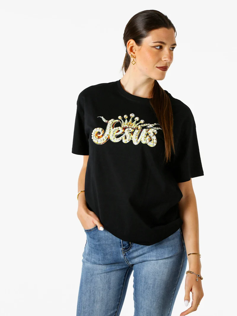 T-shirt donna oversize in cotone con dettagli di perle e strass - nero