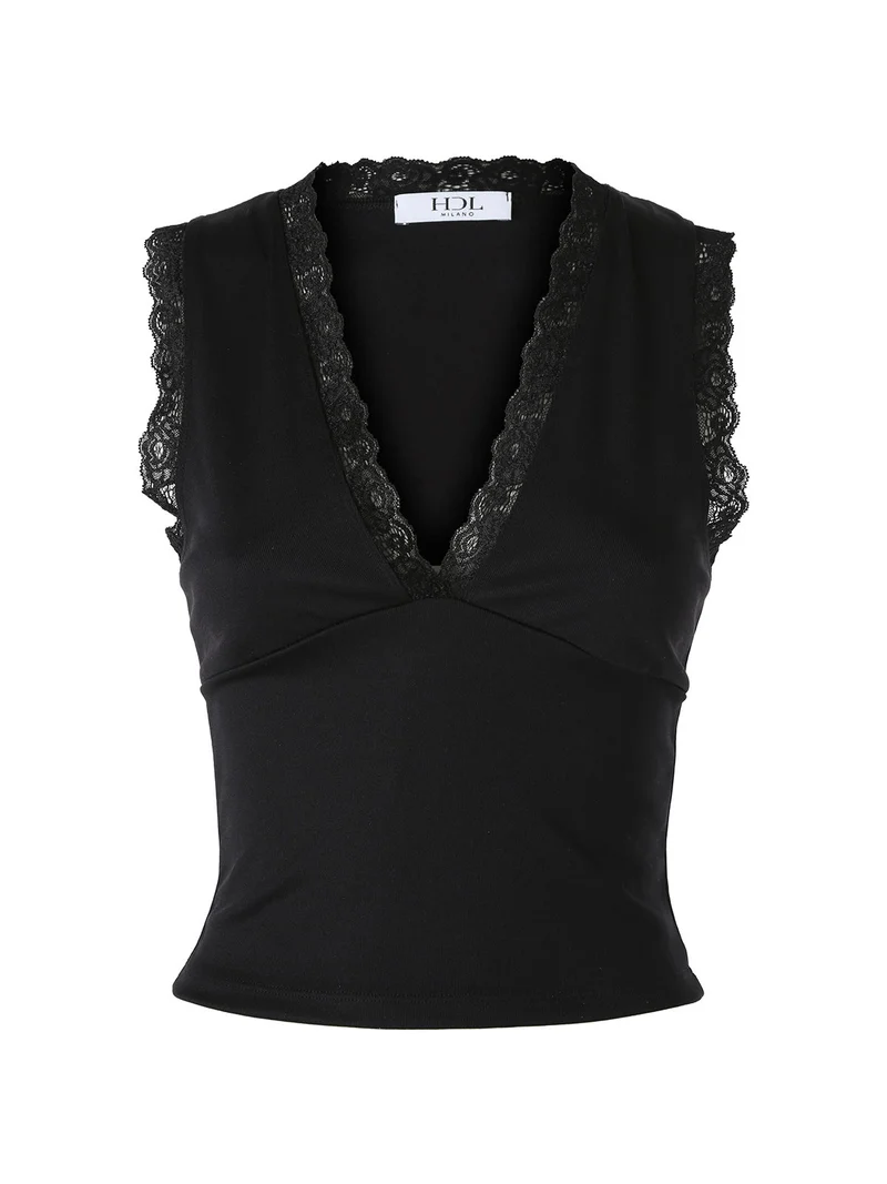 Top donna elasticizzato con dettagli di pizzo - nero