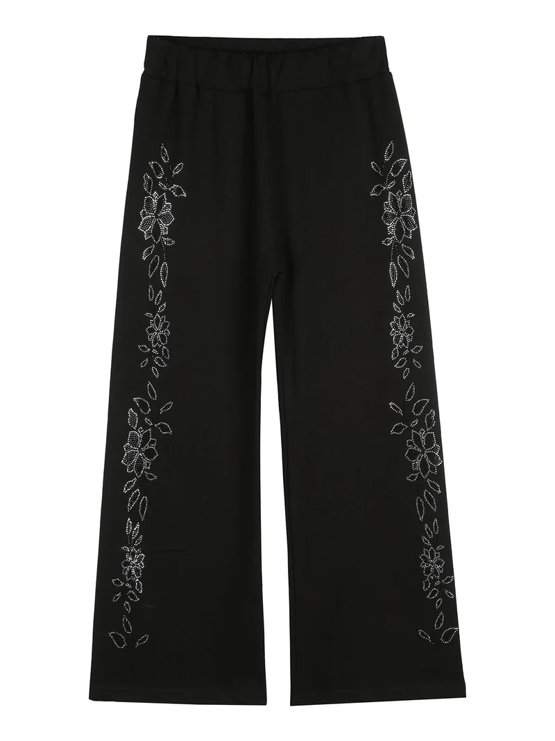 Pantaloni da bambina a gamba larga con strass floreali - nero