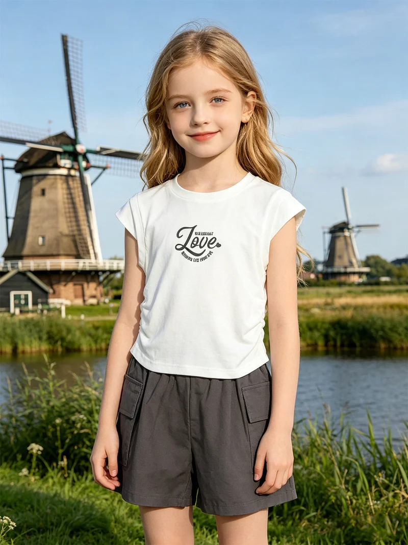 Completo corto da bambina con t-shirt e shorts con tasconi laterali - nero