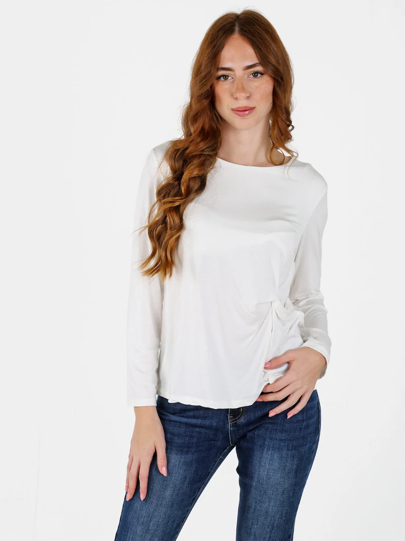 Maglietta donna in viscosa a maniche lunghe con arricciatura - bianco