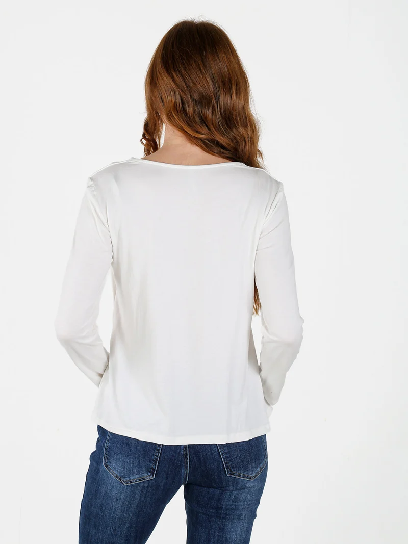 Maglietta donna in viscosa a maniche lunghe con arricciatura - bianco